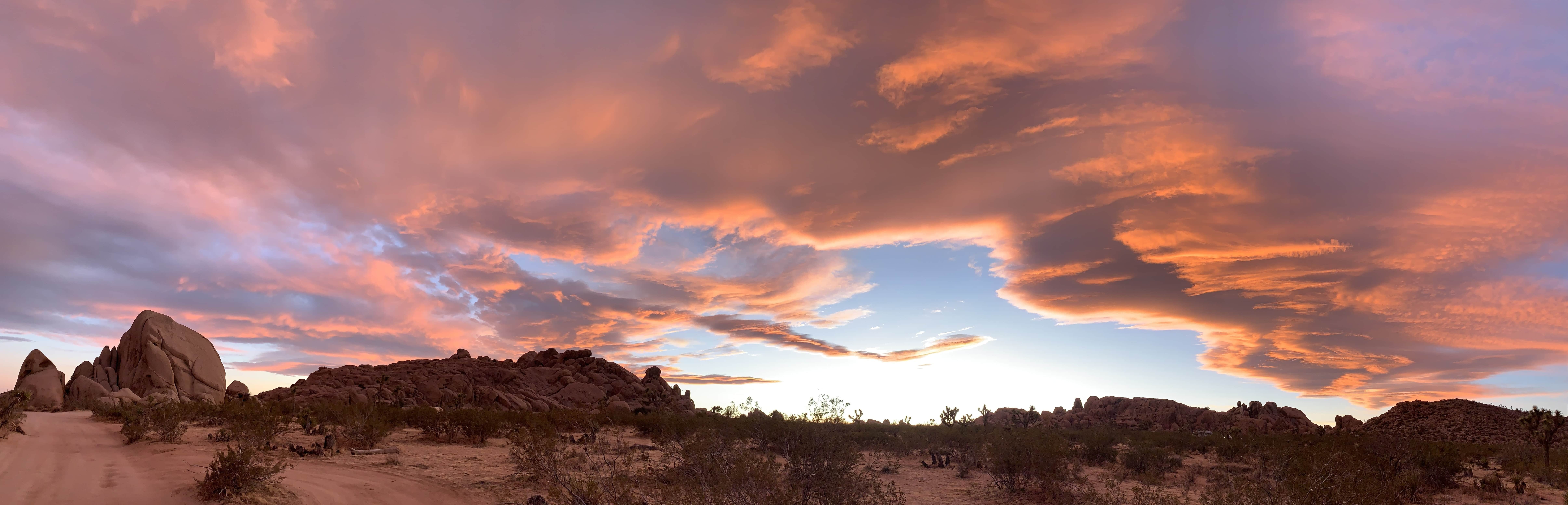 Panoramic view of Joshua Tree National Park at sunset with dramatic orange clouds, rock formations, and desert vegetation